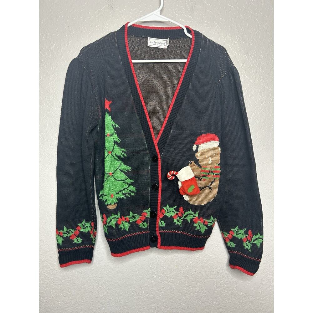 Vintage‎ Christmas Teddy Bear Grandma Sweater Button 90s Cottagecore Medium